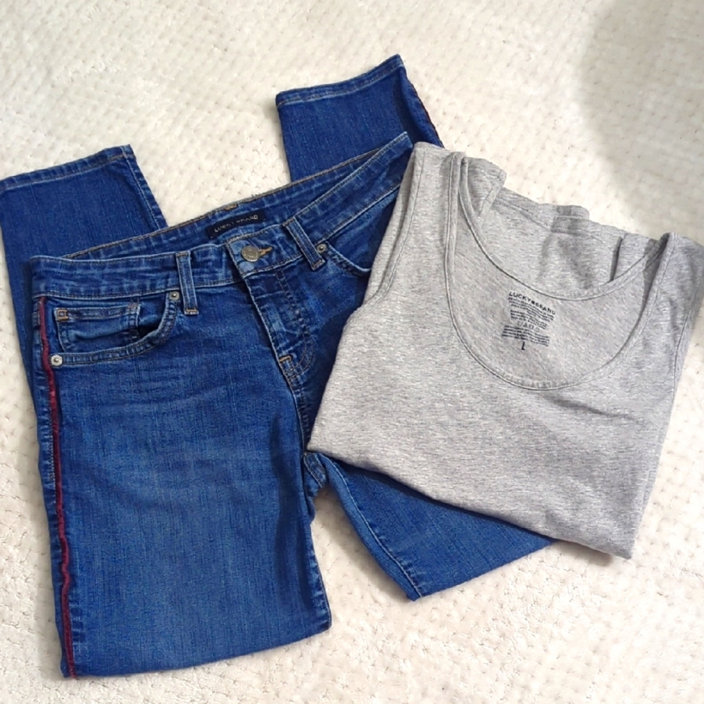 Outfit❣️Lucky Brand Lolita Low Rise Skinny  Blue Jeans And Grey Lucky Brand Top